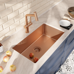 Ceramia Timeless 68x45x21 cm évier sous plan en inox 304 + mitigeur inox avec douchette extractible, cuivre brossé (TMLKSU-6845BCP-M1)
