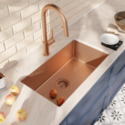 Ceramia Timeless 68x45x21 cm évier sous plan en inox 304 + mitigeur inox avec douchette extractible, cuivre brossé (TMLKSU-6845BCP-M2)