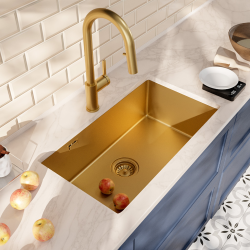 Ceramia Timeless 68x45x21 cm évier sous plan en inox 304 + mitigeur inox avec douchette extractible, or brossé (TMLKSU-6845BG-M2)