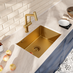 Ceramia Timeless 55x45x21 cm évier sous plan en inox 304, 1 bac + mitigeur inox avec douchette extractible, or brossé (TMLKSU-5545BG-M1)