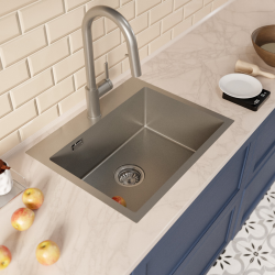 Ceramia Timeless 55x45x21 cm évier encastrable inox 304 + mitigeur inox avec douchette extractible, gun metal brossé (TMLKST-5545BGM-M2)