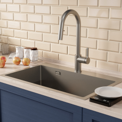 Timeless 68x45x21 cm évier encastrable inox 304 + mitigeur inox avec douchette extractible, gun metal brossé (TMLKST-6845BGM-M2)  Timeless 68x45x21 cm évier encastrable inox 304 + mitigeur inox avec douchette extractible, gun metal brossé (TMLKST-6845BGM-M2)