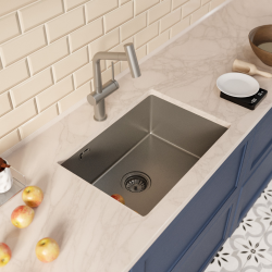 Ceramia Timeless 55x45x21 cm évier sous plan inox 304 + mitigeur inox avec douchette extractible, gun metal brossé (TMLKSU-5545BGM-M1)