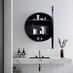 60x60x12,5 cm armoire de salle de bain ronde avec miroir intégré et éclairage, 2 étagères, noir (SATZGALED60CE)