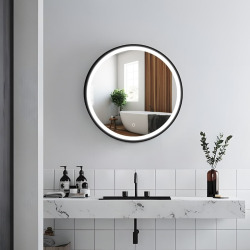 60x60x12,5 cm armoire de salle de bain ronde avec miroir intégré et éclairage, 2 étagères, noir (SATZGALED60CE)