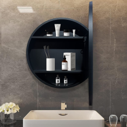 60x60x12,5 cm armoire de salle de bain ronde avec miroir intégré et éclairage, 2 étagères, noir (SATZGALED60CE)