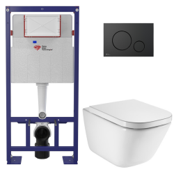 Pack WC bâti-support autoportant + WC suspendu sans bride avec abattant SoftClose + plaque blanche (STROGAWR01-U)
