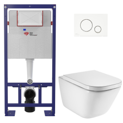 Pack WC bâti-support autoportant + WC suspendu sans bride avec abattant SoftClose + plaque blanche (STROGAWR01-U)
