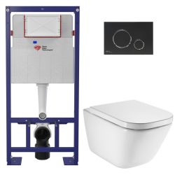 Pack WC bâti-support autoportant + WC suspendu sans bride avec abattant SoftClose + plaque blanche (STROGAWR01-U)