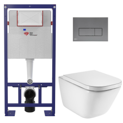 Pack WC bâti-support autoportant + WC suspendu sans bride avec abattant SoftClose + plaque blanche (STROGAWR01-U)