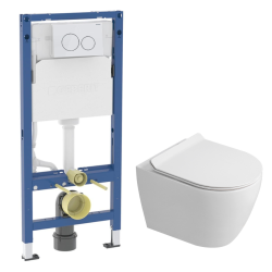 Duofix Pack WC bâti-support 112 cm + WC suspendu sans bride Ceramia avec abattant SoftClose + plaque blanche (GEBCEPXWT01-FR)