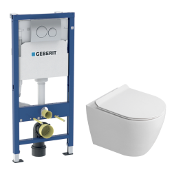 Duofix Pack WC bâti-support 112 cm + WC suspendu sans bride Ceramia avec abattant SoftClose + plaque blanche (GEBCEPXWT01-FR)