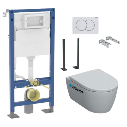 Pack WC Bâti-support Duofix + Cuvette suspendue sans brides + Abattant frein de chute + Plaque blanche + 2 Pieds support Geberit