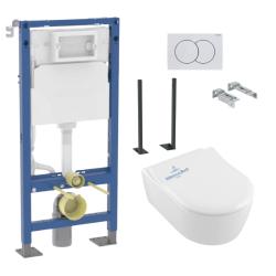 Geberit Pack WC Bâti support + WC Villeroy & Boch Arceauslim sans bride + abattant SoftClose + Plaque Blanche (ArceauSlimGeb3)