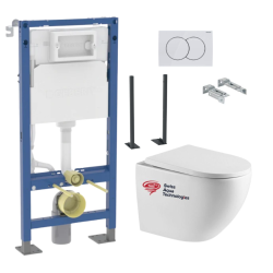 Geberit Pack Bati-support Geberit Duofix + WC sans bride Swiss Aqua Technologies + Plaque de commande Delta01 Blanche (FusionTQGebX)
