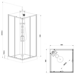 Projet 90x90 cm set cabine de douche carrée en verre sécurit avec receveur, système de douche et profilés (SATPROBOXQ90CRT)