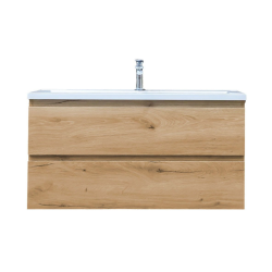 B-Way 99x50x45 cm meuble salle de bain suspendu 2 tiroirs avec lavabo en marbre coulé, chêne mat (BWAY2100OAKU)