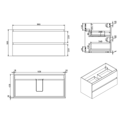 B-Way 99x50x45 cm meuble salle de bain suspendu 2 tiroirs avec lavabo en marbre coulé, chêne mat (BWAY2100OAKU)