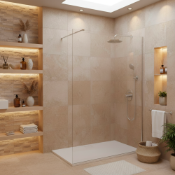 Pack Douche Complet – Paroi Walk-In 140x200 Chrome + Colonne Grohe Eurosmart 2 Jets + Receveur Marbre Coulé Blanc 140x80 (SAT140