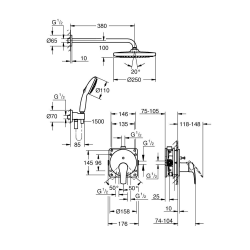 Pack Douche Complet – Paroi Walk-In 140x200 Chrome + Colonne Grohe Eurosmart 2 Jets + Receveur Marbre Coulé Blanc 140x90 (SAT140
