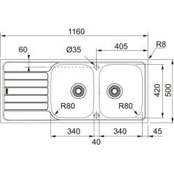  Smart SRX 621 Evier 116x50cm avec double cuve et égouttoir à gauche, Acier inoxydable (101.0356.896)