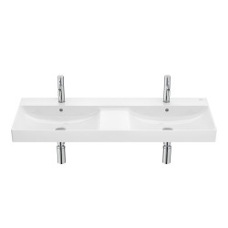 Ona 120x46x16 cm lavabo suspendu double vasque en céramique, 2 trous de robinetterie au milieu, sans siphon, blanc (A32768B000)