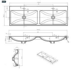  Cube Way 120x40x5,5 cm double vasque à encastrer en marbre coulé avec deux trous pour robinetterie, blanc brillant (CU212050)