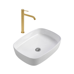 Aurum mitigeur lavabo 30,8 cm inox + Ceramia PixL 50 x 37,5 x 13,5 cm vasque à poser, sans trop plein, blanc (SAT285BGCEPX4937)
