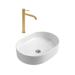 Aurum mitigeur lavabo haut 30,8 cm inox, or + PixL 50x36,5x12 cm vasque à poser, sans trop-plein, blanc (SAT285BGCEPX5037)