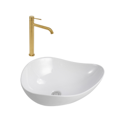 Aurum mitigeur lavabo haut 30,8 cm inox, or + Ceramia PixL 51x38x19 cm vasque à poser, sans trop-plein, blanc (SAT285BGCEPX5038)