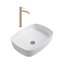Aurum mitigeur lavabo en inox, or rose + Ceramia PixL 50x37,5x13,5 cm vasque à poser, sans trop-plein, blanc (SAT285BRGCEPX4937)