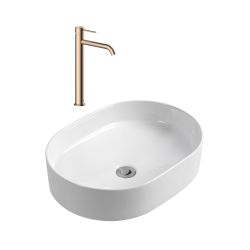 Aurum mitigeur lavabo en inox, or rose + Ceramia PixL 50x36,5x12 cm vasque à poser, blanc (SAT285BRGCEPX5037)