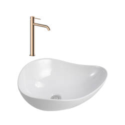 Aurum mitigeur lavabo en inox, or rose + Ceramia PixL 51x38x19 cm vasque à poser, sans trop-plein, blanc (SAT285BRGCEPX5038)