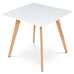 80x74x80 cm table de salle à manger scandinave en MDF blanc laqué mat, pieds en bois de hêtre massif marron (DT312WT)