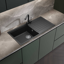 Swiss Aqua Technologies 100x50 cm évier avec égouttoir réversible en Granite, à encastrer, noir (SATSINKGQK103B-1)