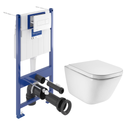 Pack WC bâti-support autoportant + WC suspendu sans bride avec abattant SoftClose + plaque blanche (STROGAWR01-U)