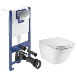 Pack WC bâti-support autoportant + WC suspendu sans bride avec abattant SoftClose + plaque blanche (STROGAWR01-U)