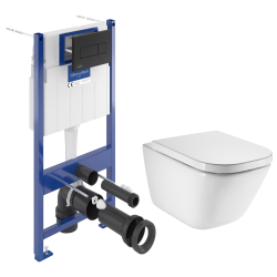 Pack WC bâti-support autoportant + WC suspendu sans bride avec abattant SoftClose + plaque blanche (STROGAWR01-U)
