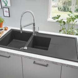 K400 évier de cuisine à encastrer en quartz composite avec égouttoir, noir granite (31643AP0)