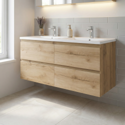 Swiss Aqua Technologies B-Way 119x50x45 cm meuble suspendu + double vasque semi-encastrée en marbre coulé 120x46x27 cm, chêne mat (BWAY2120OAKU)