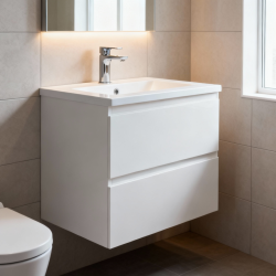 B-Way 59x50x45 cm meuble de salle de bain suspendu 2 tiroirs avec lavabo en marbre coulé, blanc brillant (BWAY260WU)