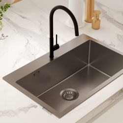 Mitigeur lavabo XL + mitigeur monocommande de cuisine avec douchette extractible 2 jets, noir mat (SATBSM288C)
