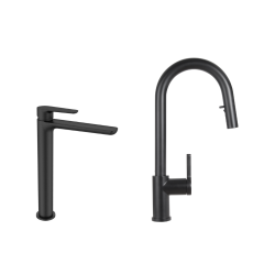 Set mitigeur lavabo XL + mitigeur de cuisine Ceramia en acier inoxydable avec douchette extractible 2 jets, noir mat (SATBM285C)