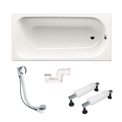 Eurowa 170x70x39 cm baignoire rectangulaire 178 L en acier émaillé + pieds + vidage + siphon, blanc alpin (KW312-SETP6)