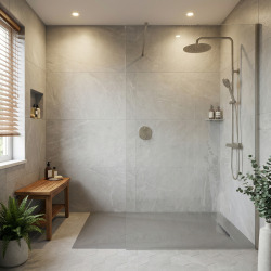  PixL 140x90 cm receveur de douche rectangulaire à poser en résine composite, surface effet pierre, gris clair (CERAPX14090LG) :