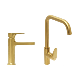 Dark set mitigeur lavabo à levier + mitigeur cuisine avec bras pivotant, or brossé (SATBSDA271BZ)