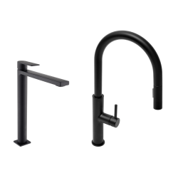 set mitigeur lavabo XL + mitigeur cuisine avec douchette extractible 2 jets, noir mat (SATBSBW285C)
