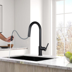 B-Way set mitigeur lavabo XL + mitigeur cuisine Ceramia Timeless acier inoxydable, douchette extractible, noir (SATTMLBM285BM)