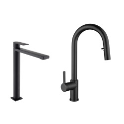 B-Way set mitigeur lavabo XL + mitigeur cuisine Ceramia Timeless acier inoxydable, douchette extractible, noir (SATTMLBM285BM)
