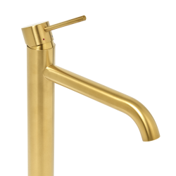  set mitigeur lavabo haut acier inoxydable + mitigeur cuisine avec bras pivotant, or brossé (SATBA280BG)